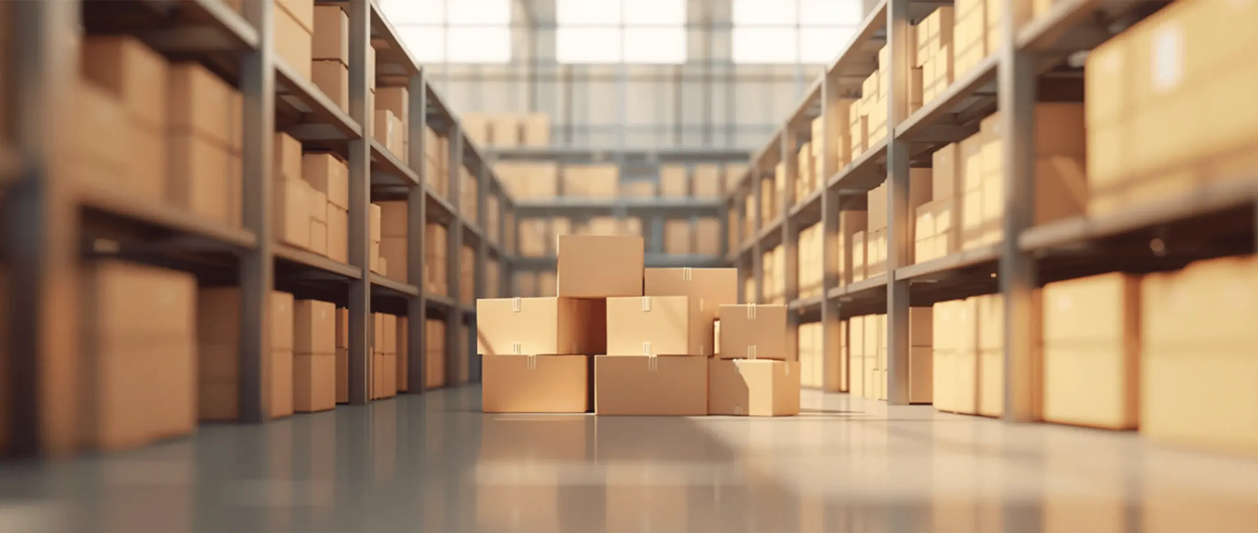 Warehouse aisle with stacked boxes