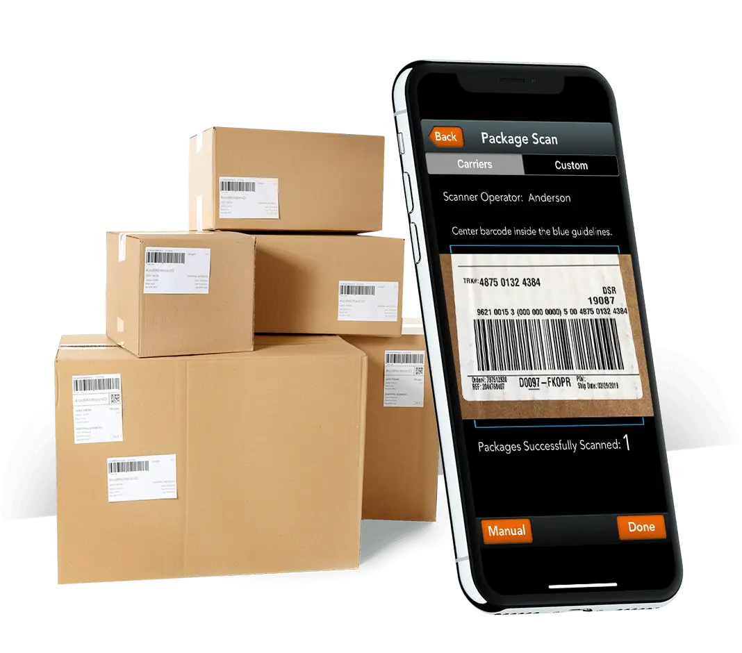 Cardboard boxes with smartphone showing shipping app