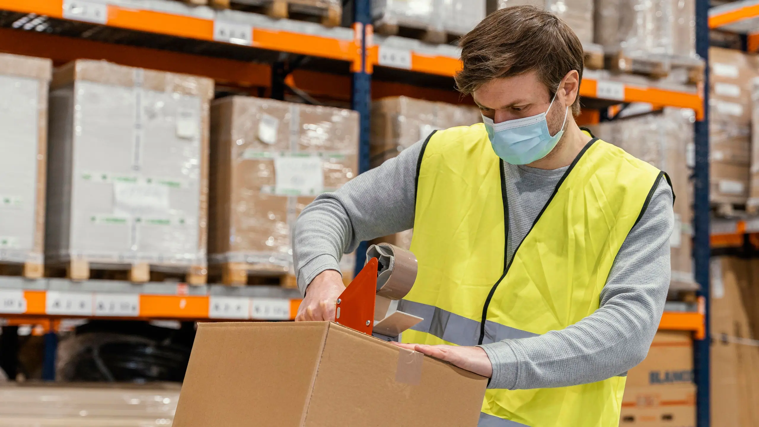 Warehouse worker in mask scanning box