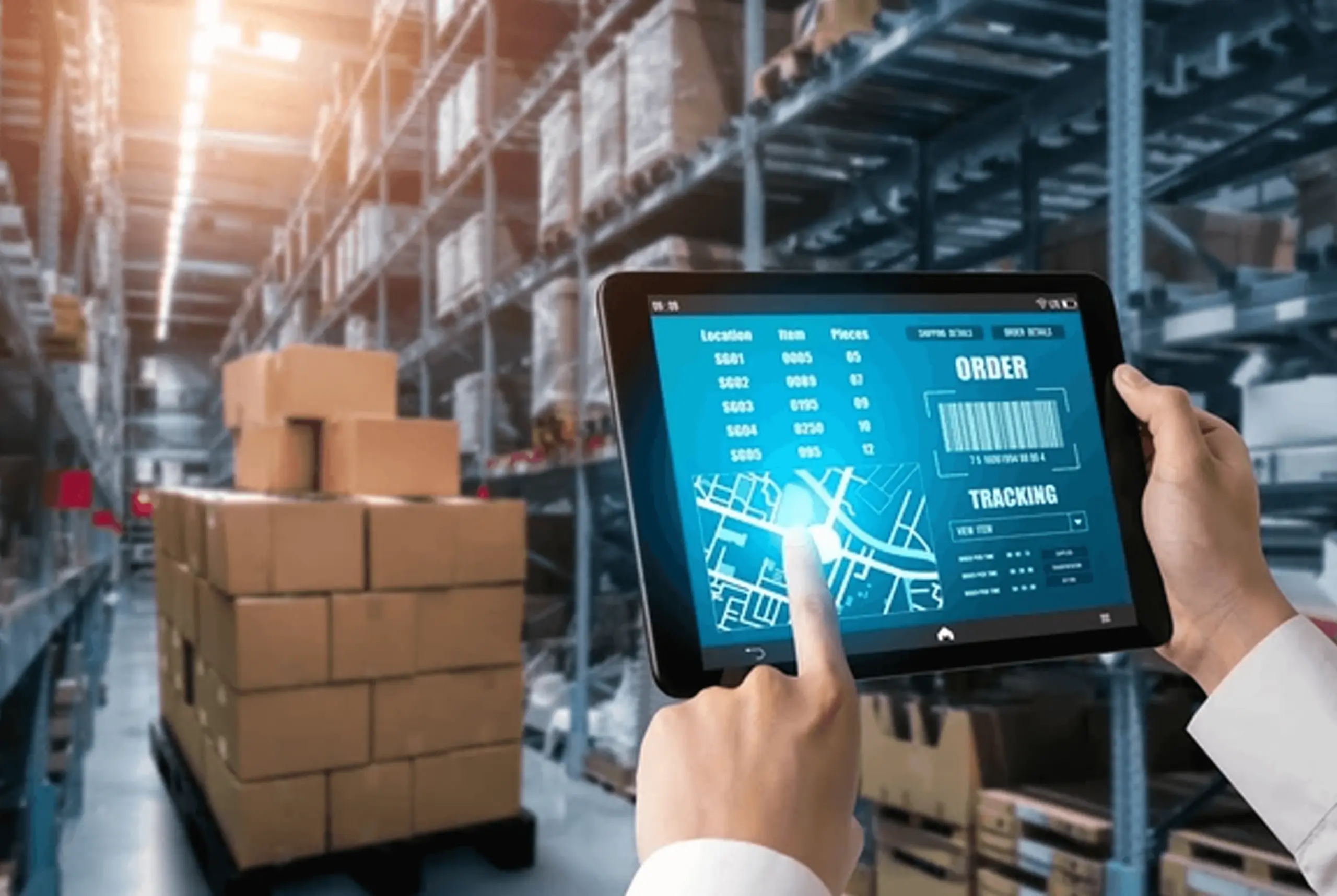 Person using digital tablet in warehouse