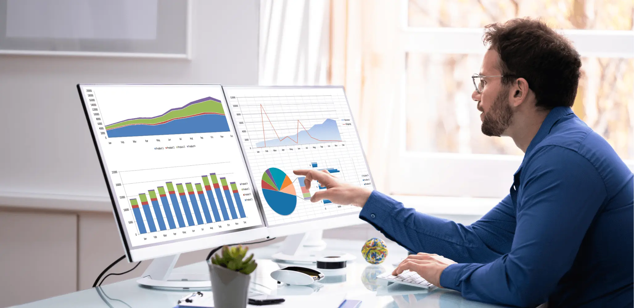 Person analyzing data charts on computer