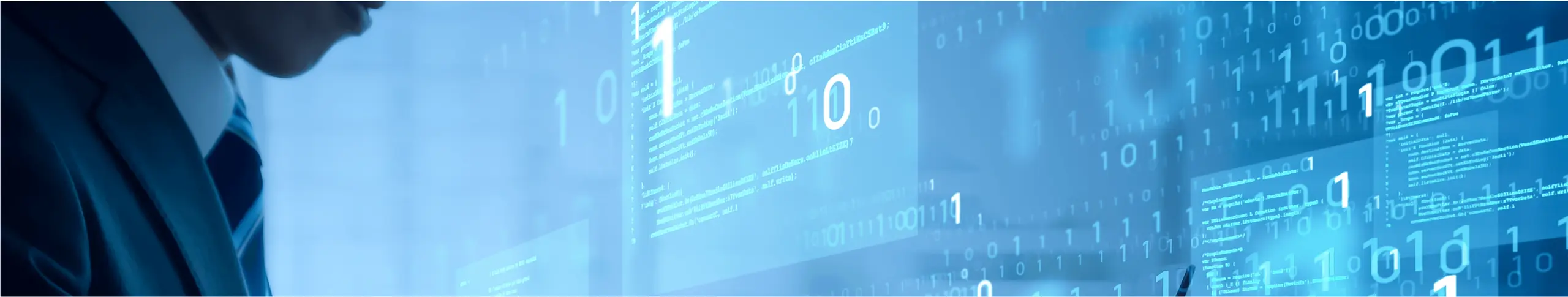 Blue digital interface with data visualizations and silhouette of person