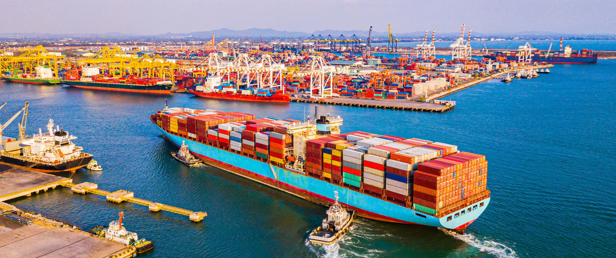 Aerial view of container ship in port