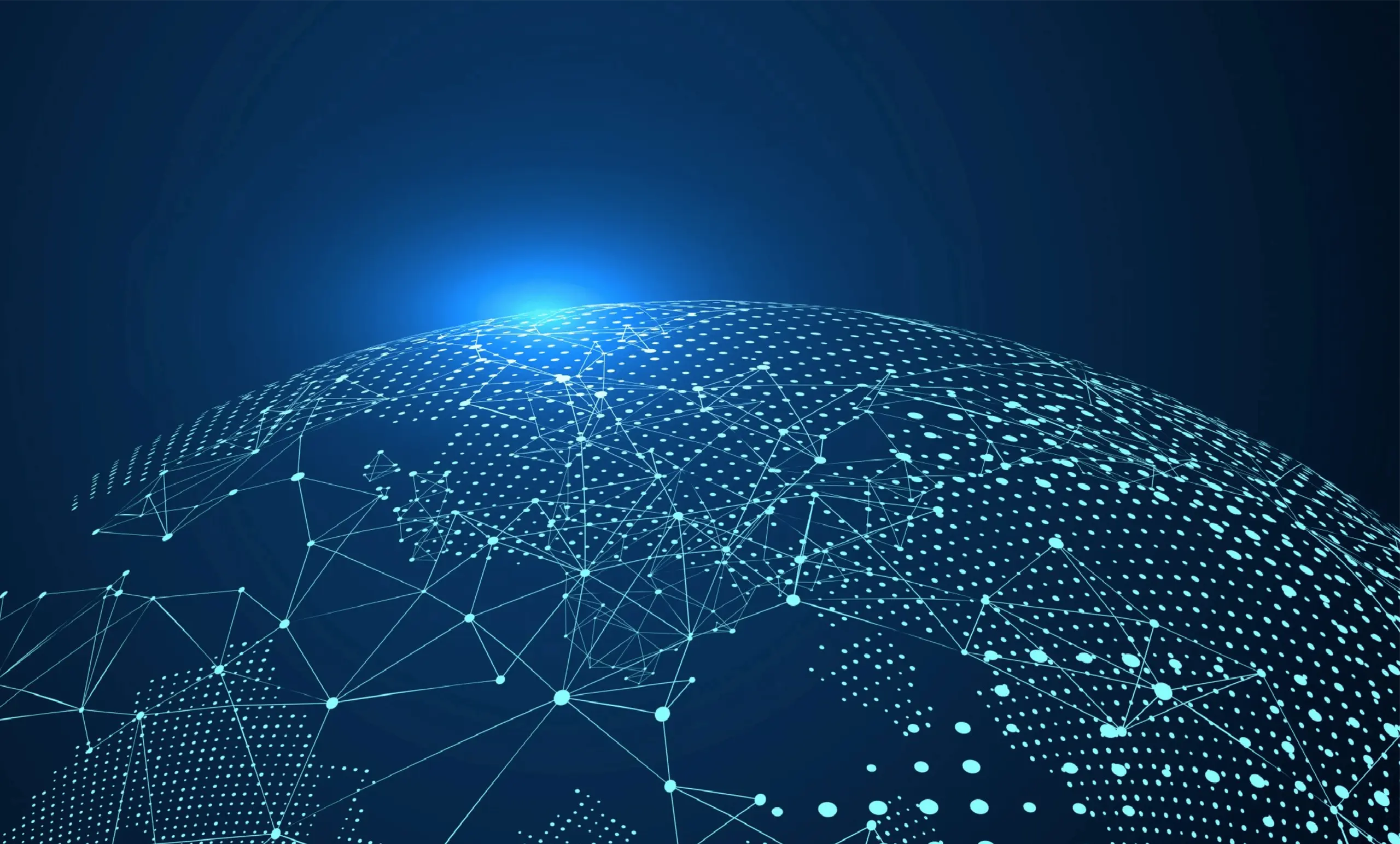 Digital globe with glowing cyan network connections on deep blue