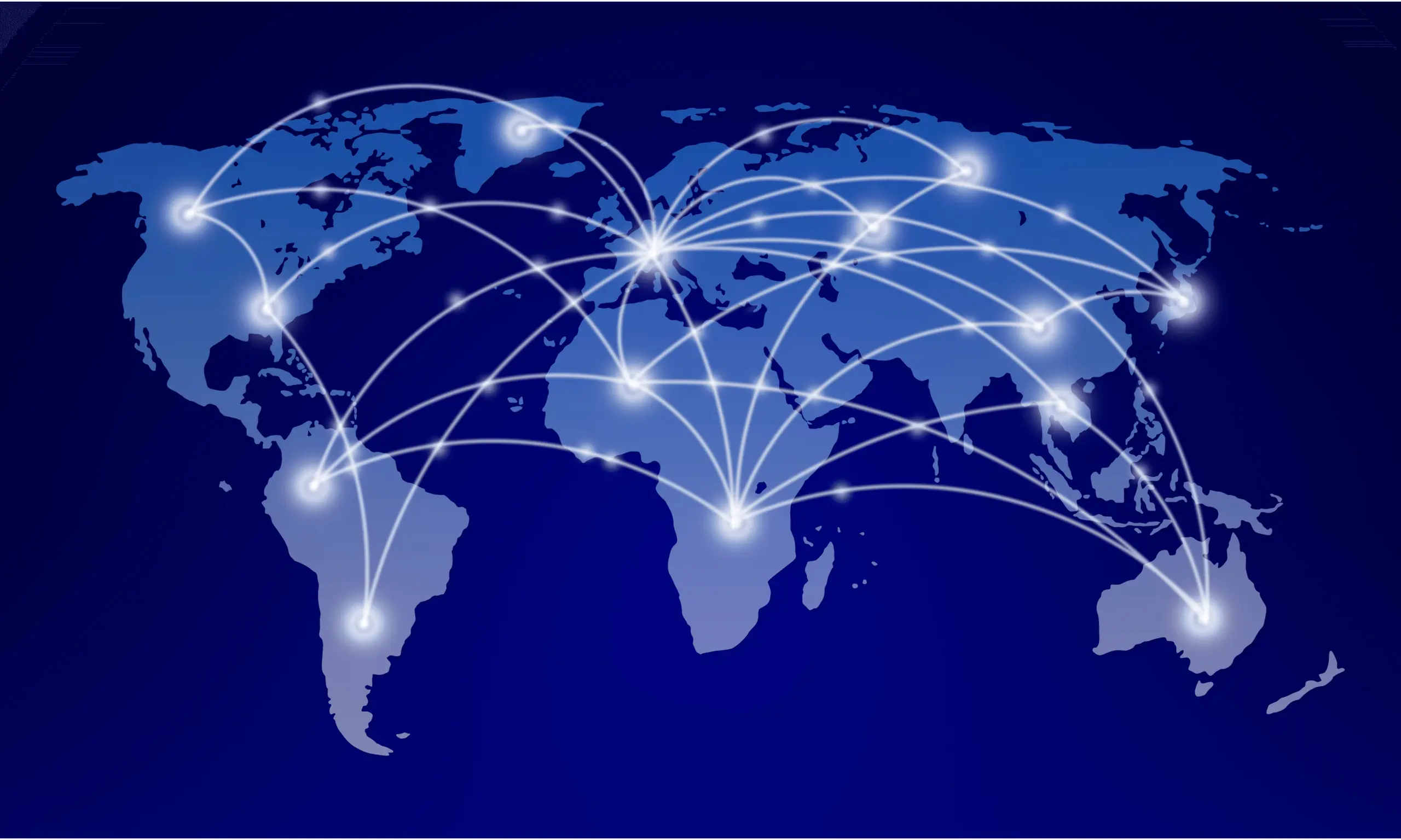 Blue world map with connection lines showing global network