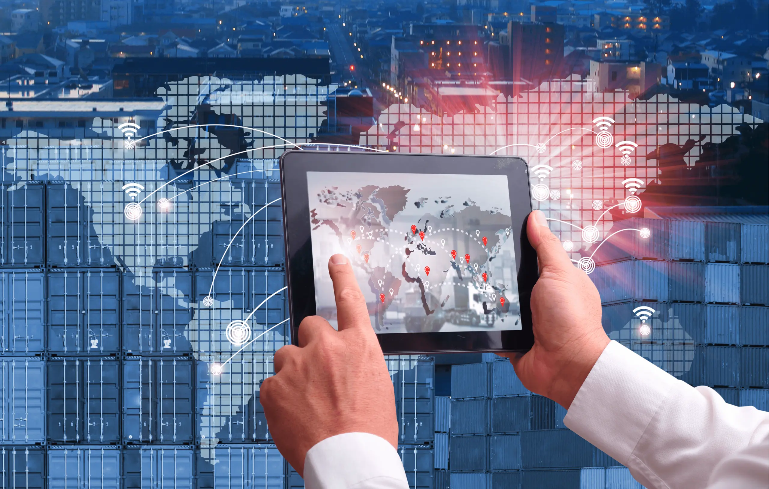 Hands holding tablet displaying global data visualization with world map